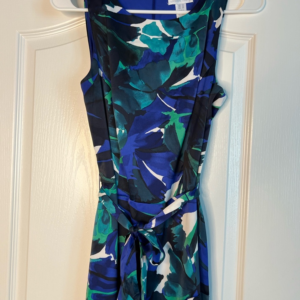 London Times cocktail dress in a beautiful black, green, and royal blue pattern
